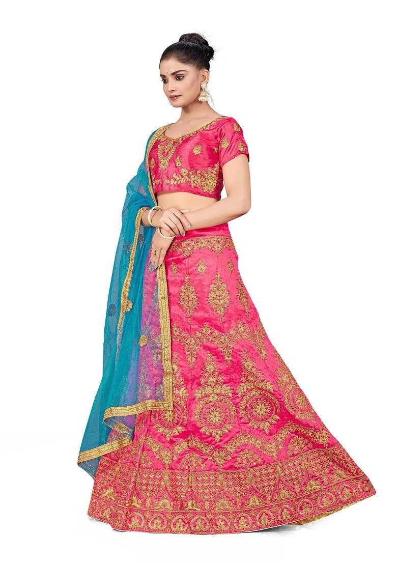Pink Zari Embroidered Silk Lehenga Set