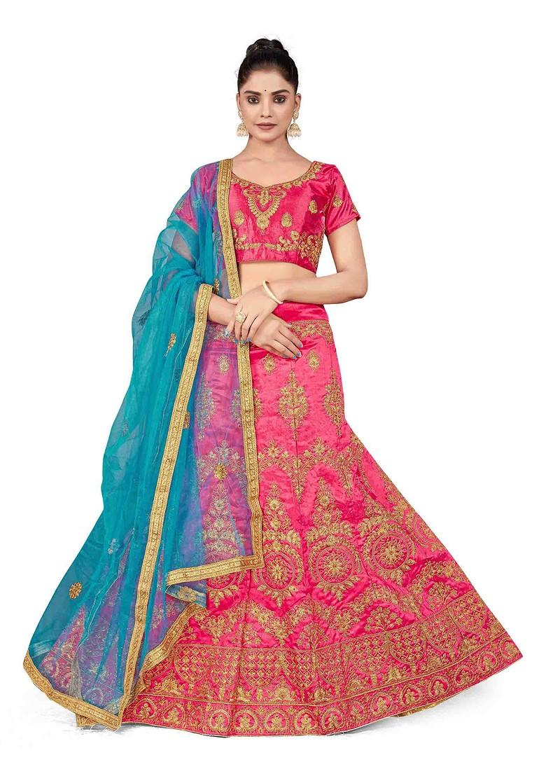 Pink Zari Embroidered Silk Lehenga Set