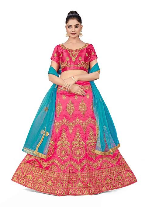 Pink Zari Embroidered Silk Lehenga Set