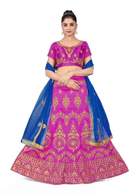 Purple Zari Embroidered Silk Lehenga Set