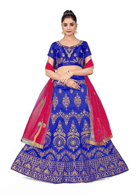 Blue Zari Embroidered Silk Lehenga Set