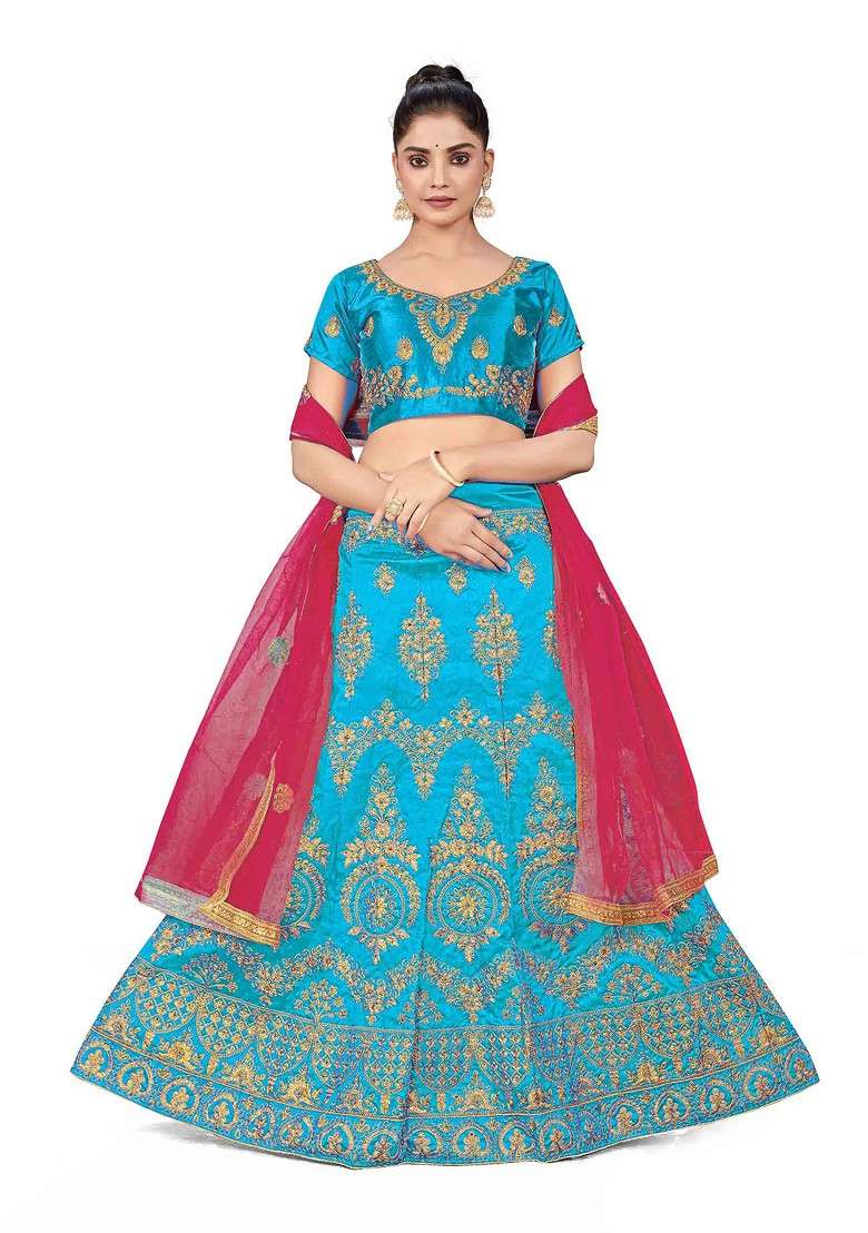 Sky Blue Zari Embroidered Silk Blend Lehenga Set for Diwali and Festive Wear - Indya