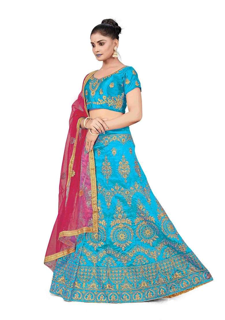 Sky Blue Zari Embroidered Silk Blend Lehenga Set for Diwali and Festive Wear - Indya