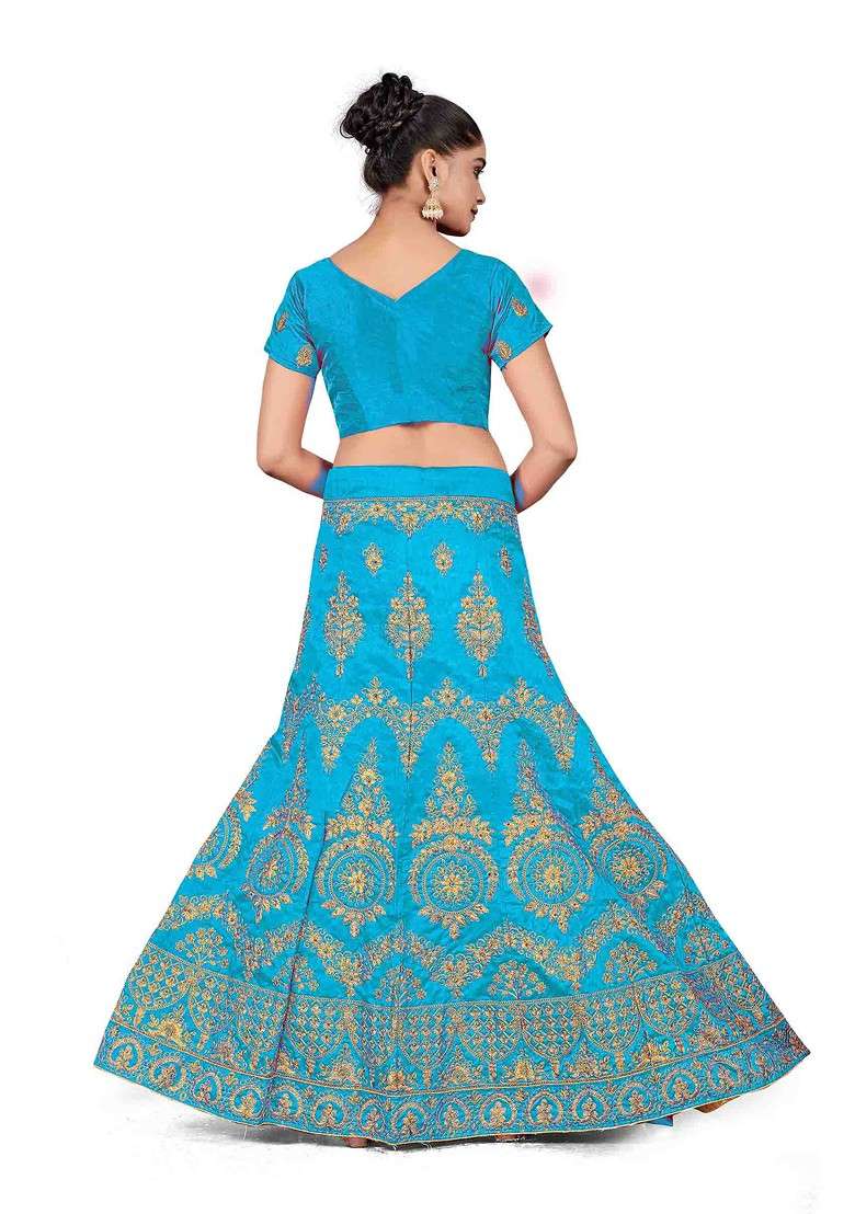 Sky Blue Zari Embroidered Silk Blend Lehenga Set for Diwali and Festive Wear - Indya