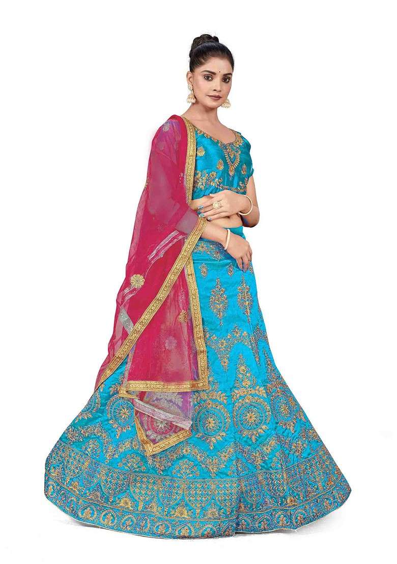 Sky Blue Zari Embroidered Silk Blend Lehenga Set for Diwali and Festive Wear - Indya