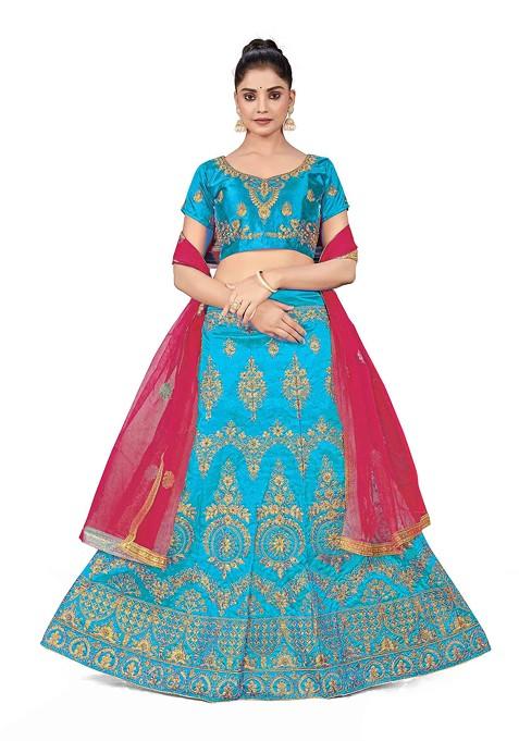 Sky Blue Zari Embroidered Silk Lehenga Set