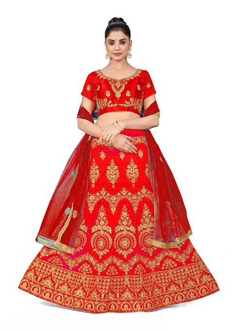 Rust Zari Embroidered Silk Lehenga Set