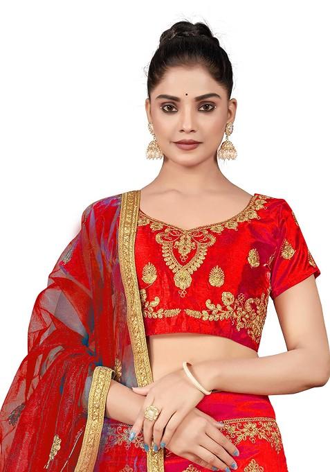 Rust Zari Embroidered Silk Lehenga Set