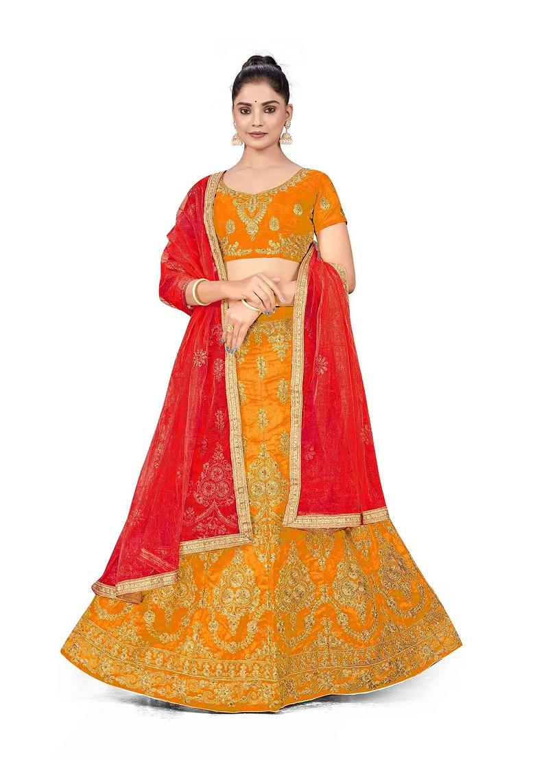 Mustard Zari Embroidered Silk Lehenga Set