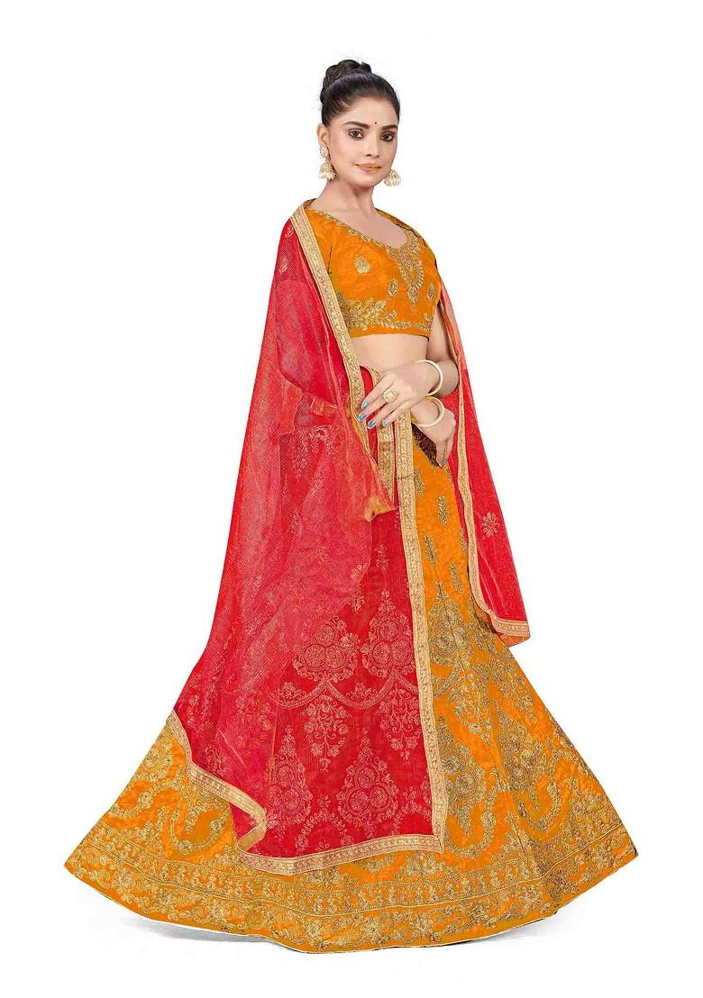 Mustard Zari Embroidered Silk Lehenga Set - Indya