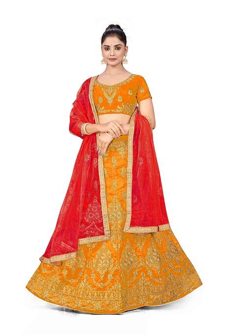 Mustard Zari Embroidered Silk Lehenga Set