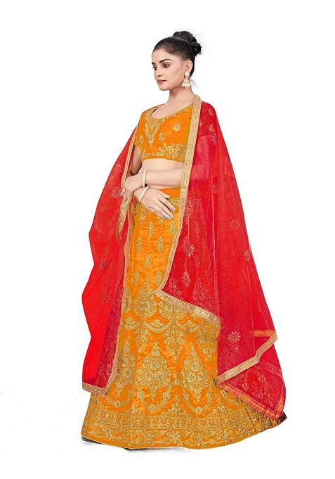 Mustard Zari Embroidered Silk Lehenga Set