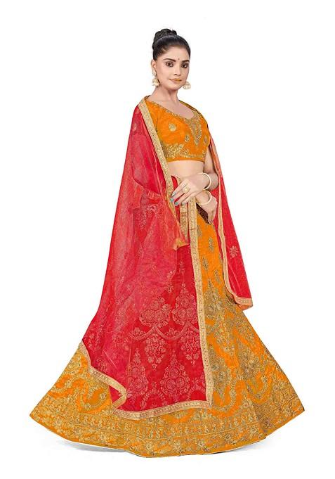 Mustard Zari Embroidered Silk Lehenga Set