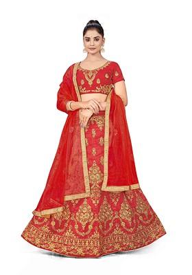 Rust Zari Embroidered Silk Lehenga Set