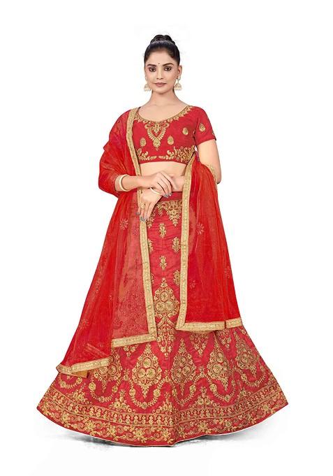 Rust Zari Embroidered Silk Lehenga Set