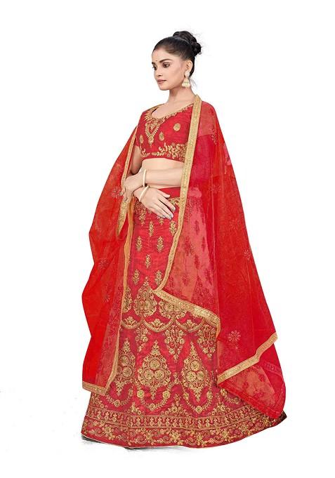 Rust Zari Embroidered Silk Lehenga Set