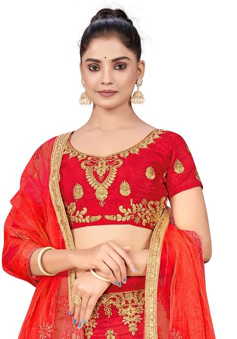 Rust Zari Embroidered Silk Lehenga Set