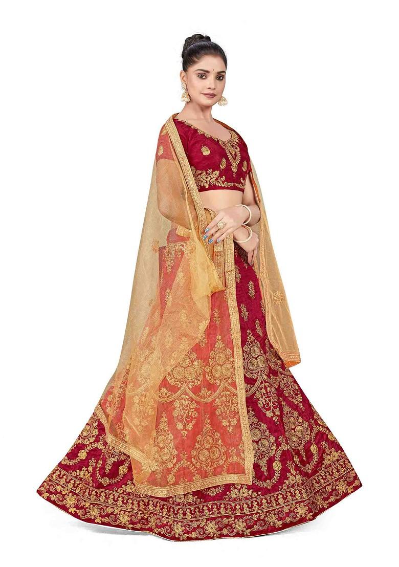 Maroon Zari Embroidered Silk Lehenga Set