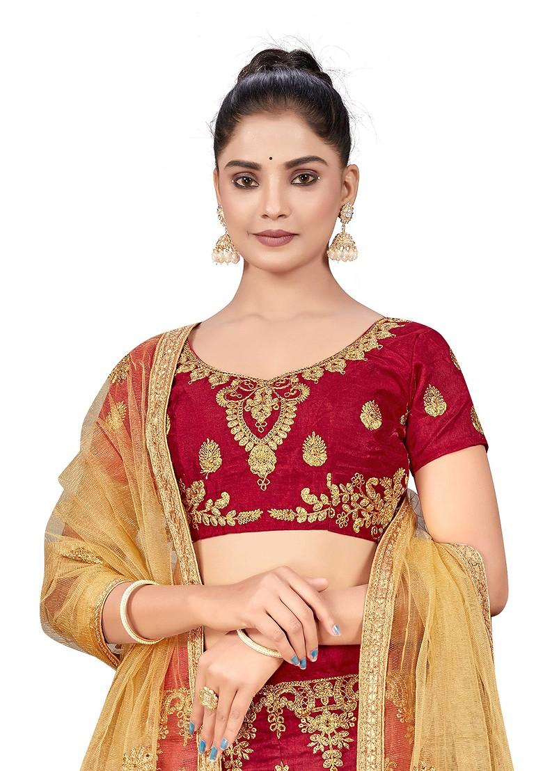 Maroon Zari Embroidered Silk Lehenga Set