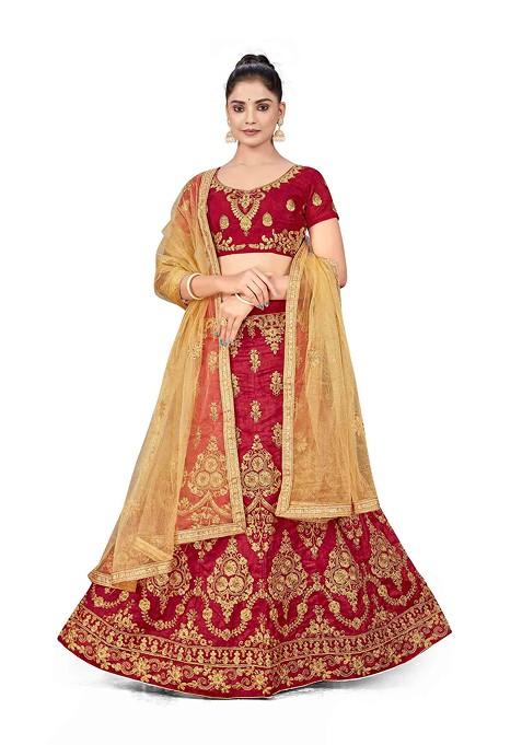 Maroon Zari Embroidered Silk Lehenga Set