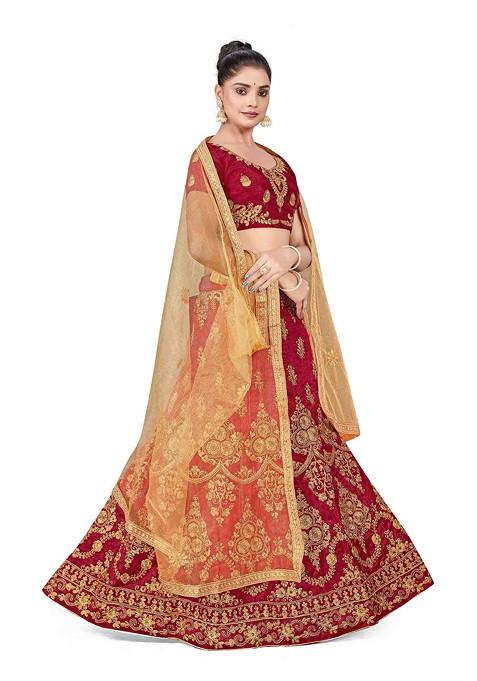Maroon Zari Embroidered Silk Lehenga Set