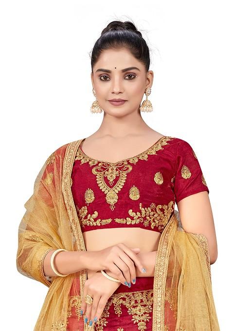 Maroon Zari Embroidered Silk Lehenga Set