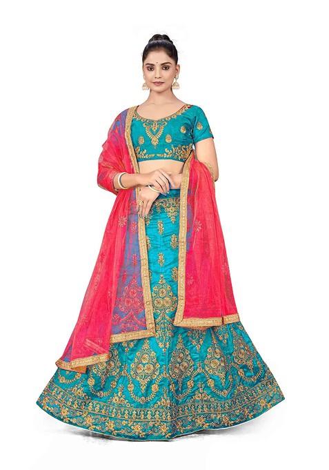 Sky Blue Zari Embroidered Silk Lehenga Set