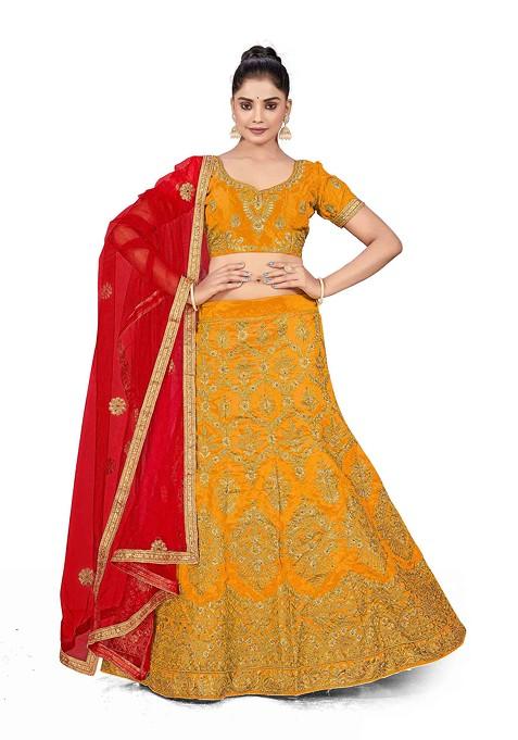 Mustard Zari Embroidered Silk Lehenga Set