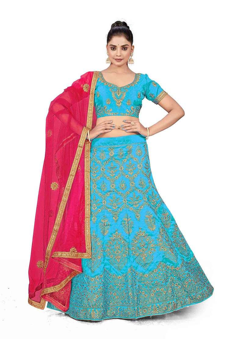 Sky Blue Zari Silk Blend Lehenga Set with Embroidered for Diwali | Wedding & Festive Wear - Indya