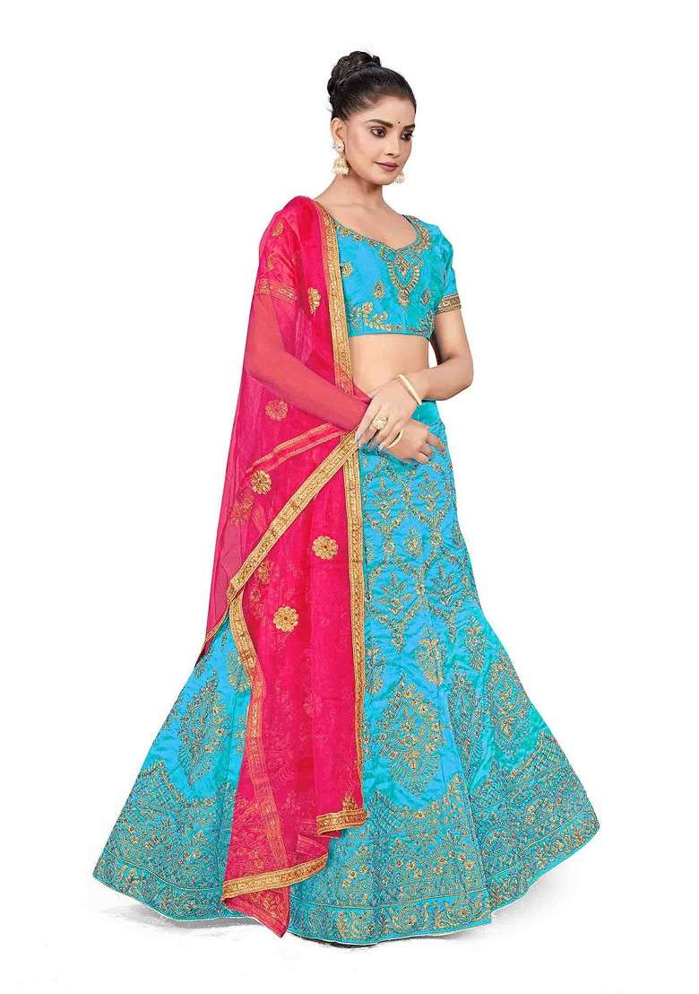 Sky Blue Zari Silk Blend Lehenga Set with Embroidered for Diwali | Wedding & Festive Wear - Indya