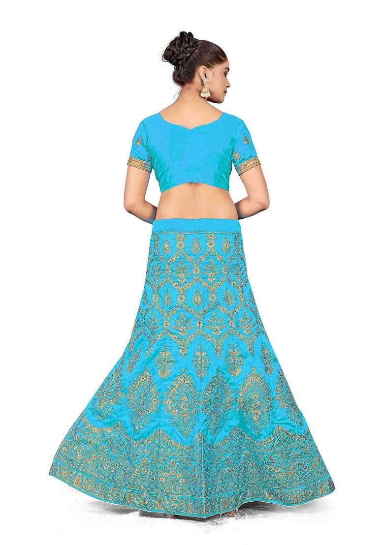 Sky Blue Zari Silk Blend Lehenga Set with Embroidered for Diwali | Wedding & Festive Wear - Indya