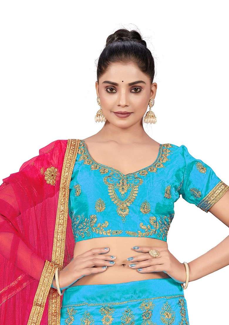 Sky Blue Zari Silk Blend Lehenga Set with Embroidered for Diwali | Wedding & Festive Wear - Indya