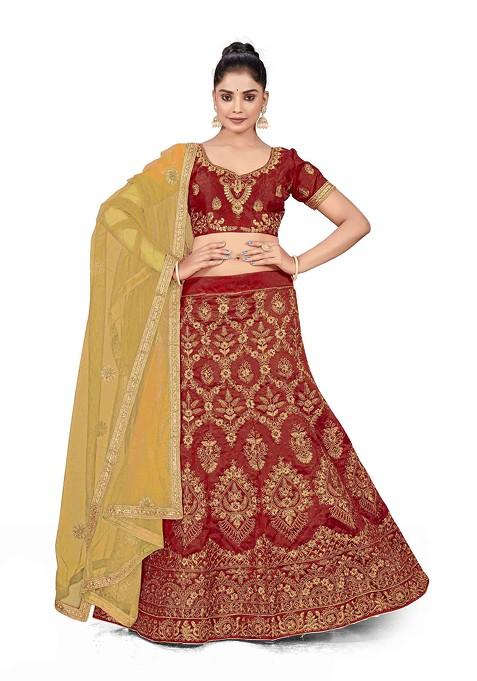 Maroon Zari Embroidered Silk Lehenga Set