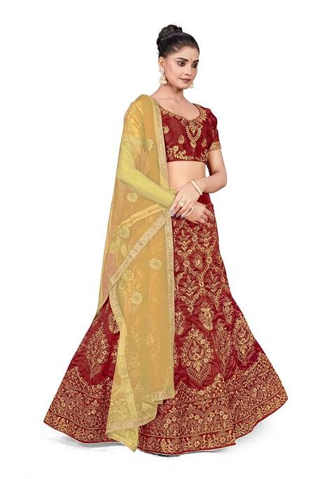 Maroon Zari Embroidered Silk Lehenga Set