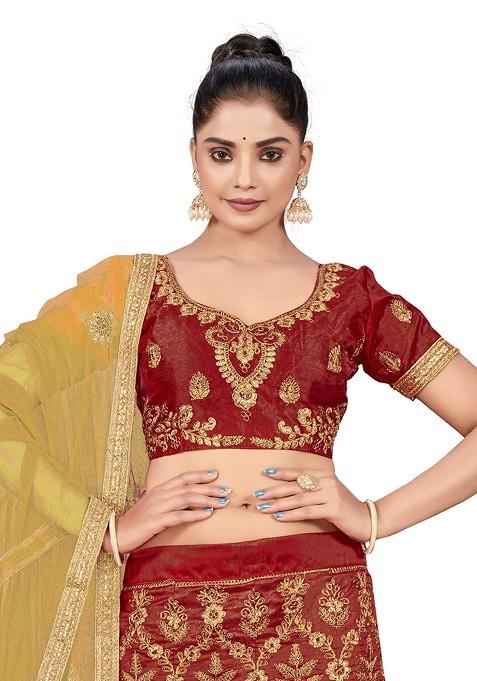 Maroon Zari Embroidered Silk Lehenga Set
