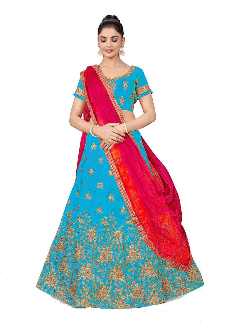 Sky Blue Zari Embroidered Silk Blend Lehenga Set for Diwali and Festive Wear - Indya