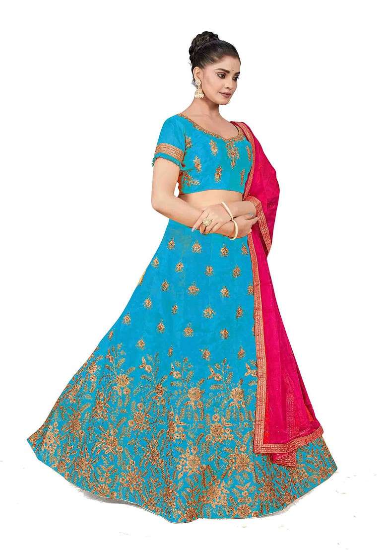 Sky Blue Zari Embroidered Silk Blend Lehenga Set for Diwali and Festive Wear - Indya