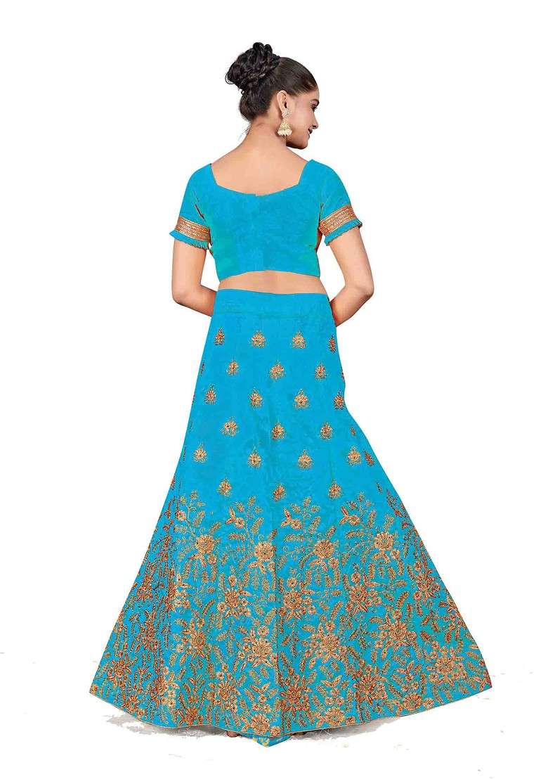Sky Blue Zari Embroidered Silk Blend Lehenga Set for Diwali and Festive Wear - Indya