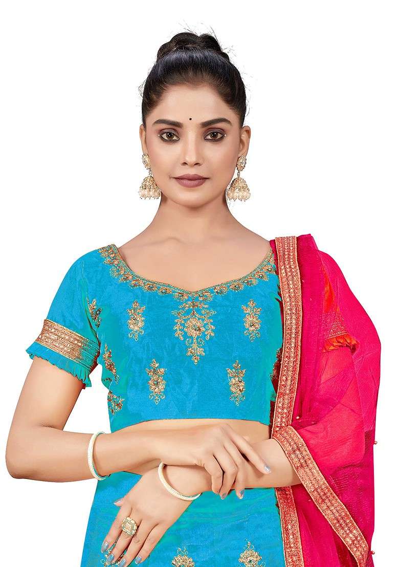 Sky Blue Zari Embroidered Silk Blend Lehenga Set for Diwali and Festive Wear - Indya