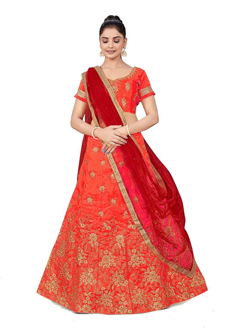 Rust Zari Embroidered Silk Lehenga Set