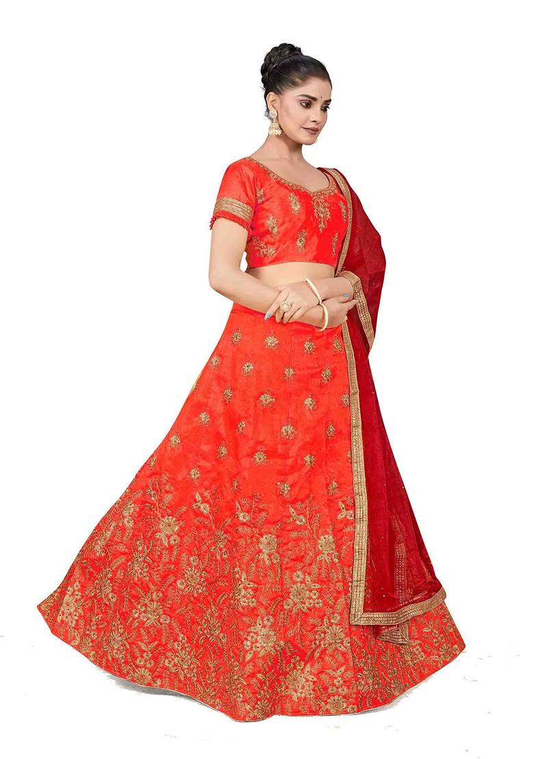 Rust Zari Embroidered Silk Lehenga Set