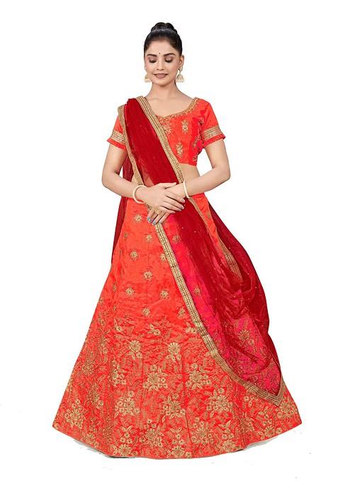 Rust Zari Embroidered Silk Lehenga Set