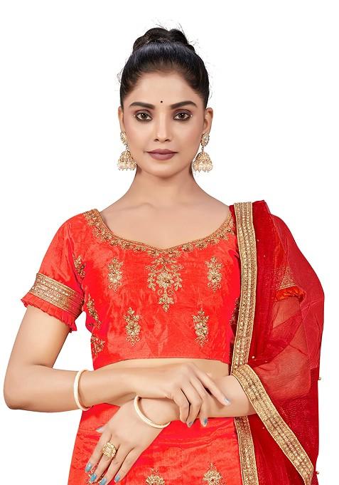 Rust Zari Embroidered Silk Lehenga Set