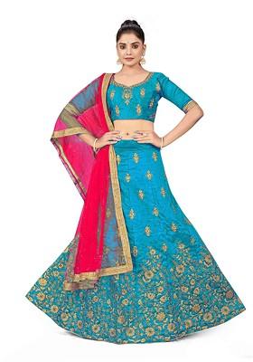 Sky Blue Zari Embroidered Silk Lehenga Set