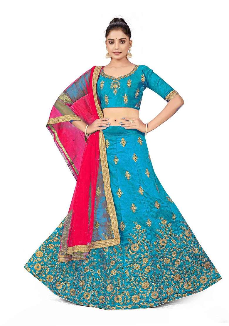 Sky Blue Zari Silk Blend Lehenga Set with Embroidered for Diwali | Wedding & Festive Wear - Indya