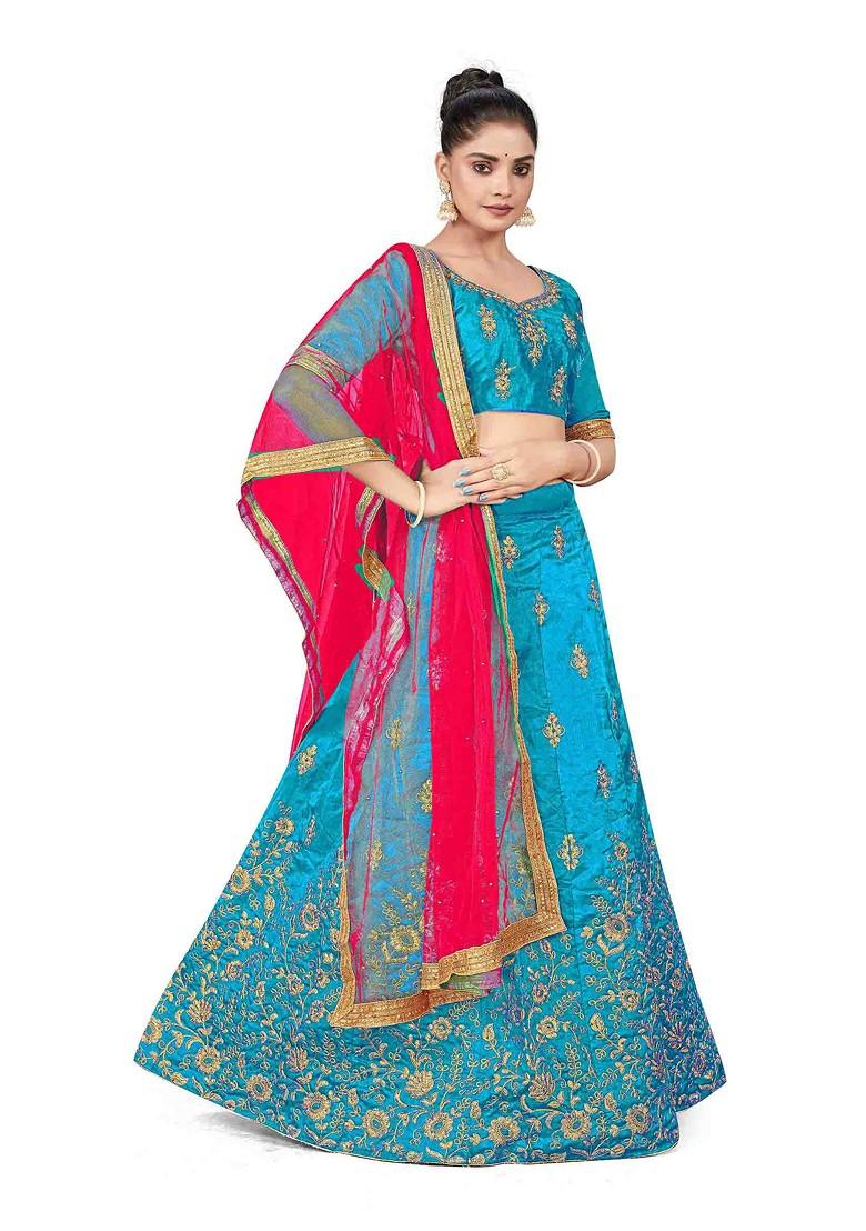 Sky Blue Zari Embroidered Silk Lehenga Set