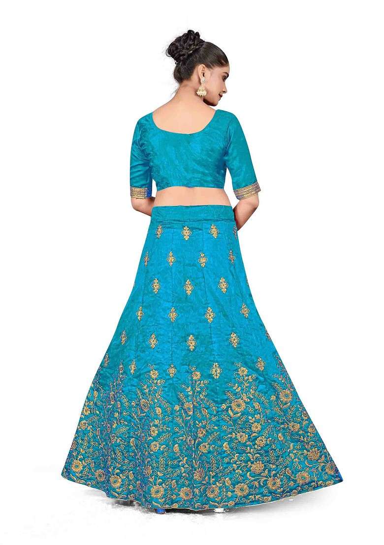 Sky Blue Zari Silk Blend Lehenga Set with Embroidered for Diwali | Wedding & Festive Wear - Indya