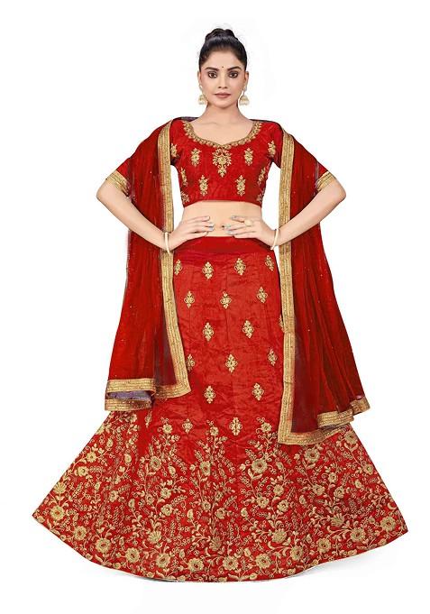 Rust Zari Embroidered Silk Lehenga Set