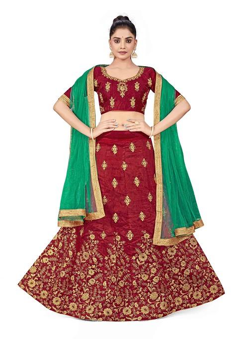 Maroon Zari Embroidered Silk Lehenga Set