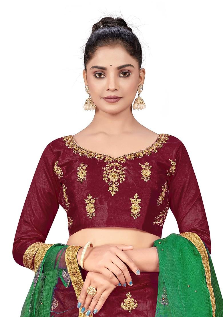 Maroon Zari Embroidered Silk Lehenga Set - Indya